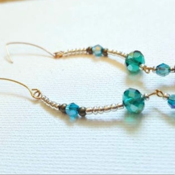 LONG BEADED STATEMENT EARRINGS GREEN BROWN SILVER GOLD LIGHTWEIGHT Handmade - Picture 5 of 5